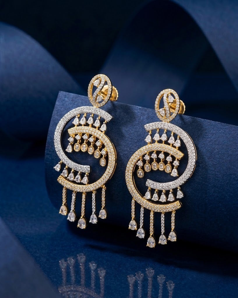 Designer Chandbali Diamond Earrings – White Diamond Stones in Gold Polish