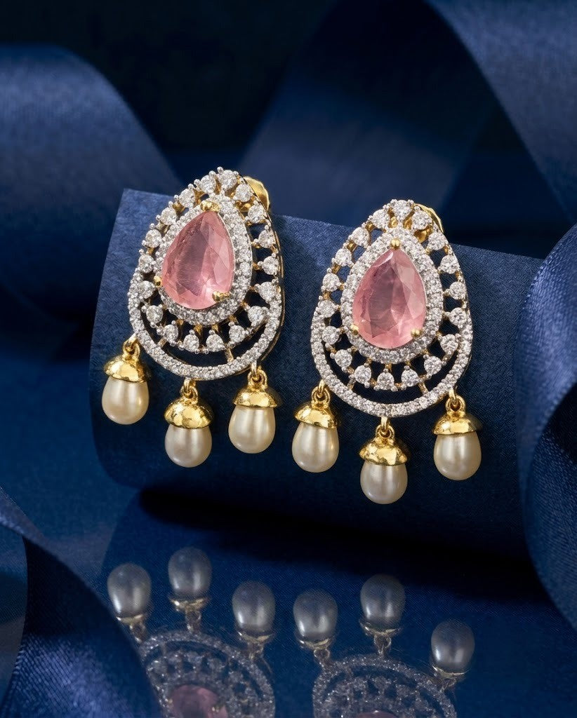 Diamond Style Teardrop Pearl Dangling Earrings Pink Stone Gold Silver Finish