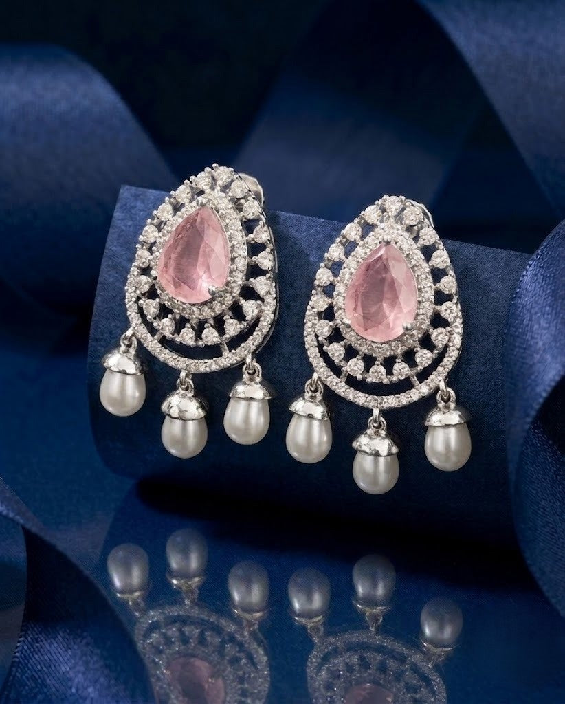 Diamond Style Teardrop Pearl Dangling Earrings Pink Stone Gold Silver Finish