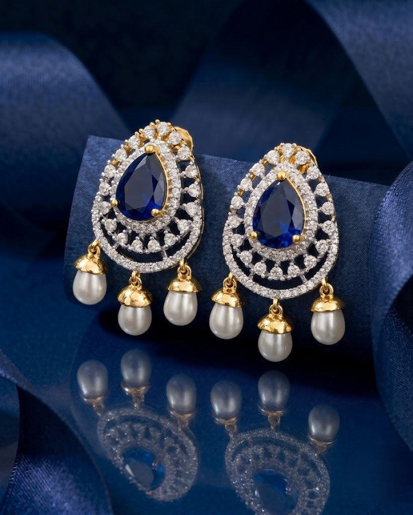 Blue Stone Pearl Drop Earrings | Gold Finish Party Jewellery