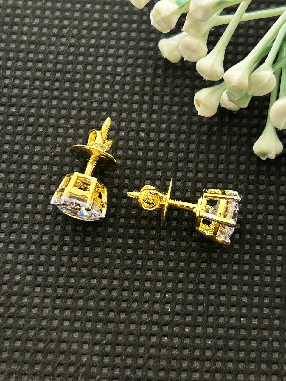 Screw Pench Ishraya Spark Gold Tone Diamond Look Solitaire Stud Earrings for Women | Screw Back Tops