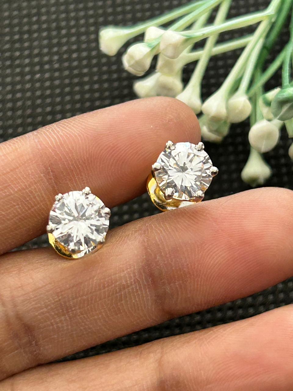 Screw Pench Ishraya Spark Gold Tone Diamond Look Solitaire Stud Earrings for Women | Screw Back Tops