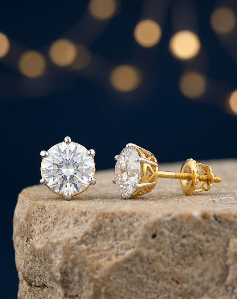 Screw Pench Ishraya Spark Gold Tone Diamond Look Solitaire Stud Earrings for Women | Screw Back Tops