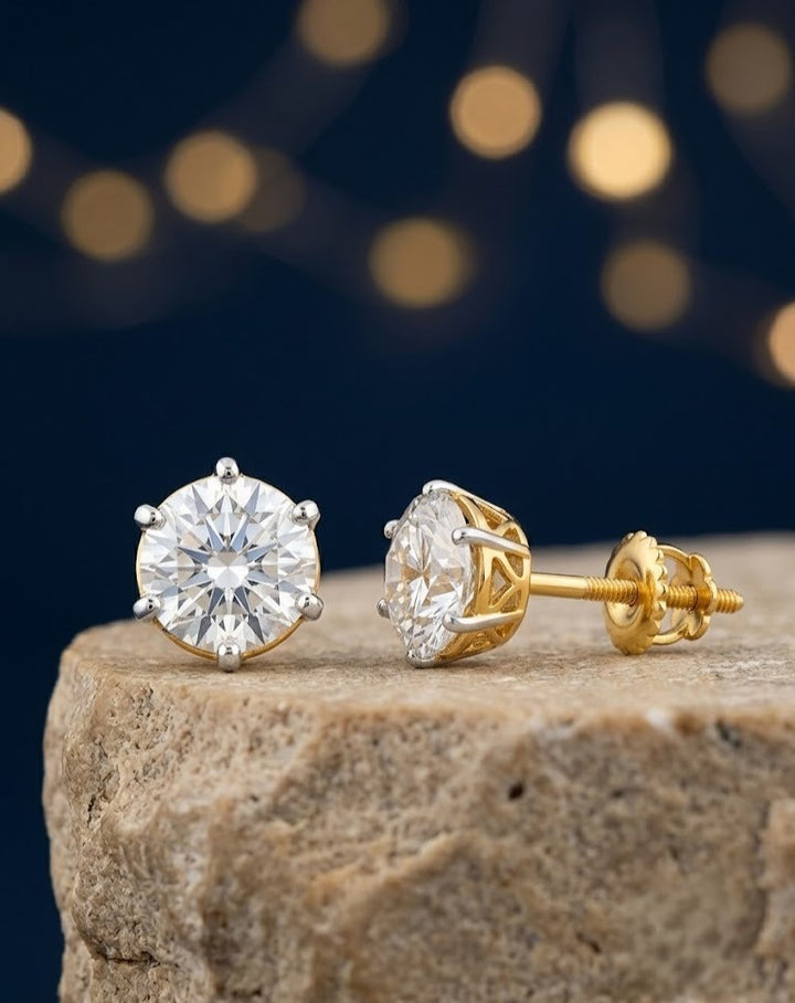 Screw Pench Ishraya Spark Gold Tone Diamond Look Solitaire Stud Earrings for Women | Screw Back Tops