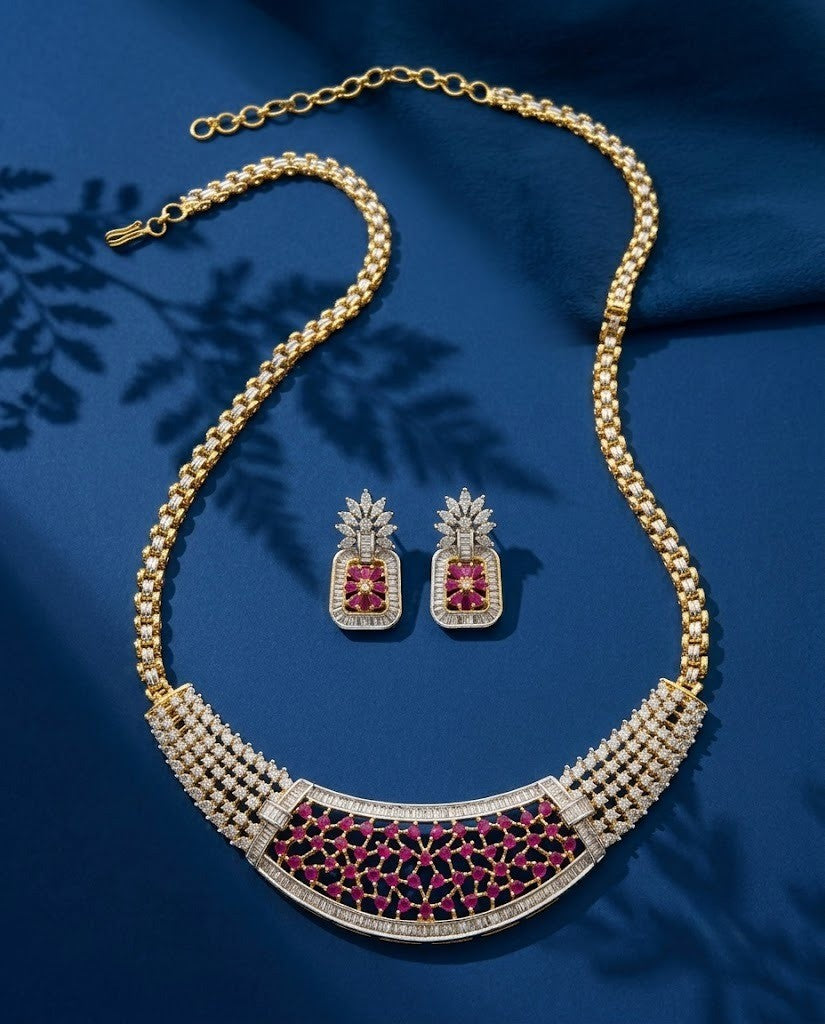 Rajeshwari Ruby Lattice Diamond Necklace Set