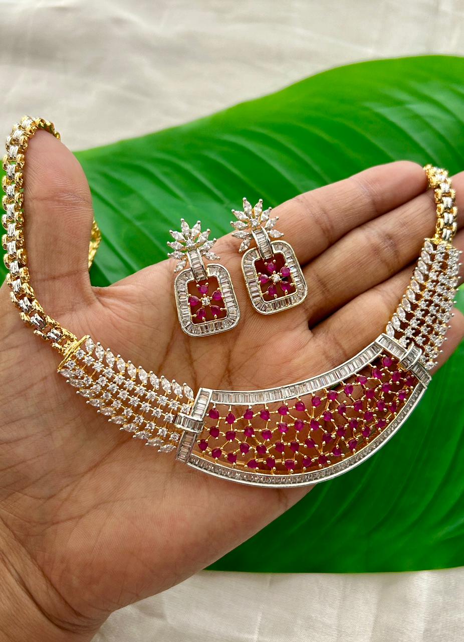 Rajeshwari Ruby Lattice Diamond Necklace Set
