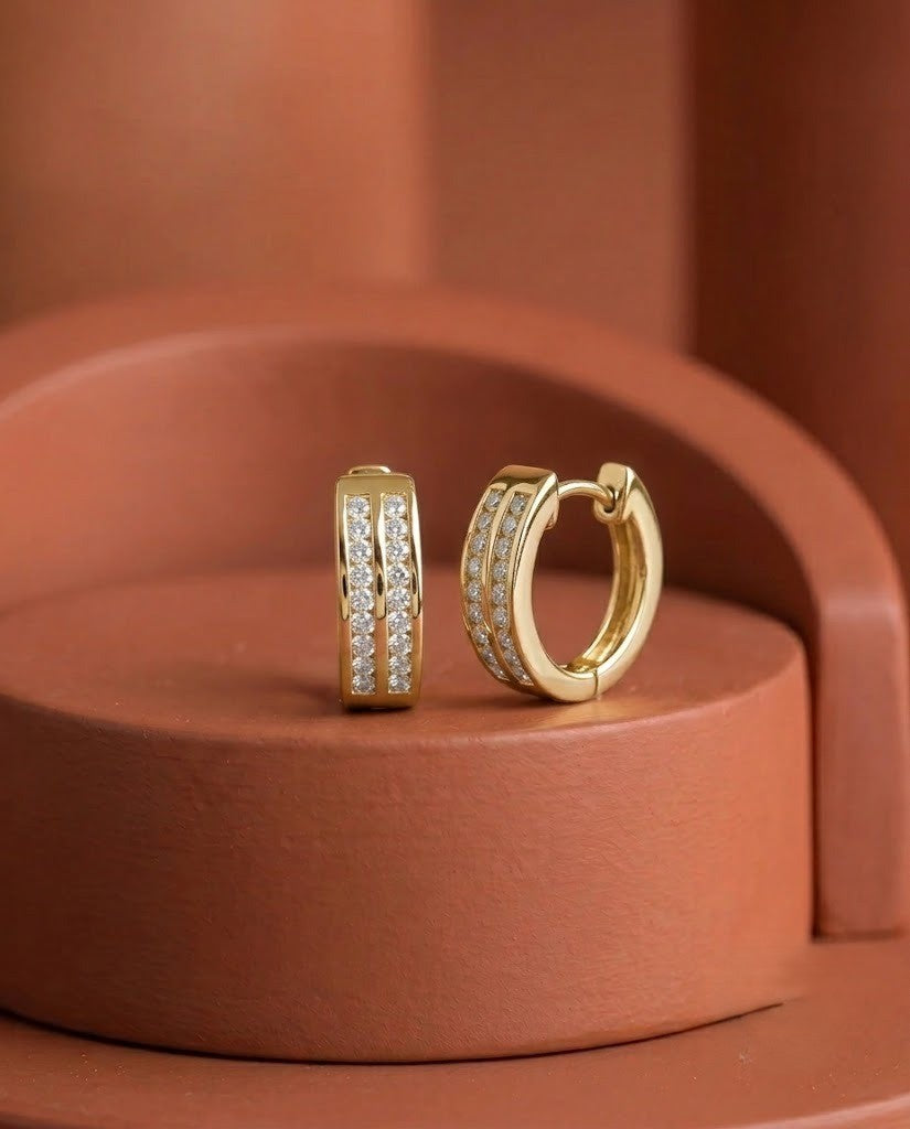 Double Row CZ Hoop Earrings for Women – Gold & Silver Finish