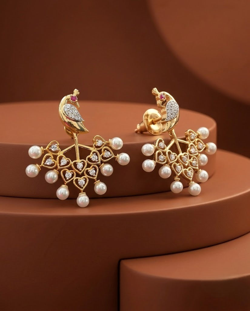 Peacock Heart Pearl Drop Statement Earrings for Women – Gold Finish