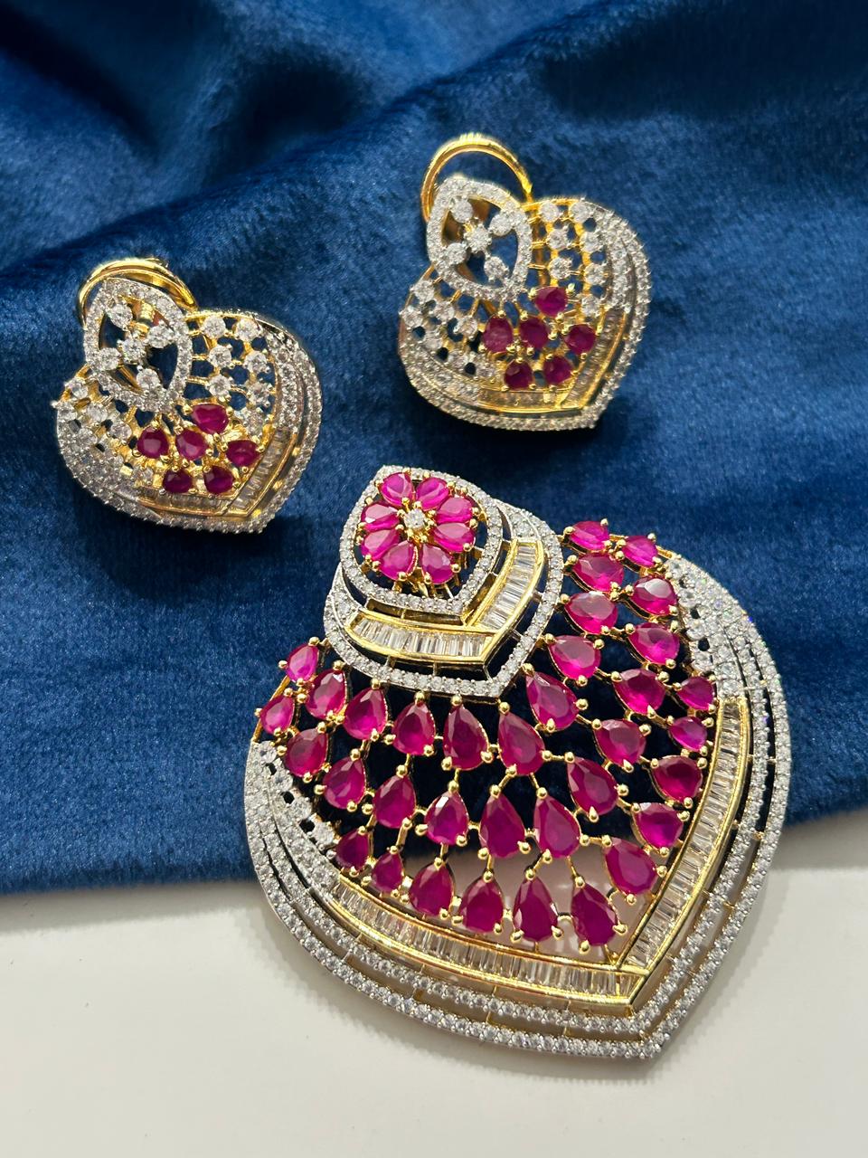 American Diamond Pendant Set  with Screw Back Earrings for Women