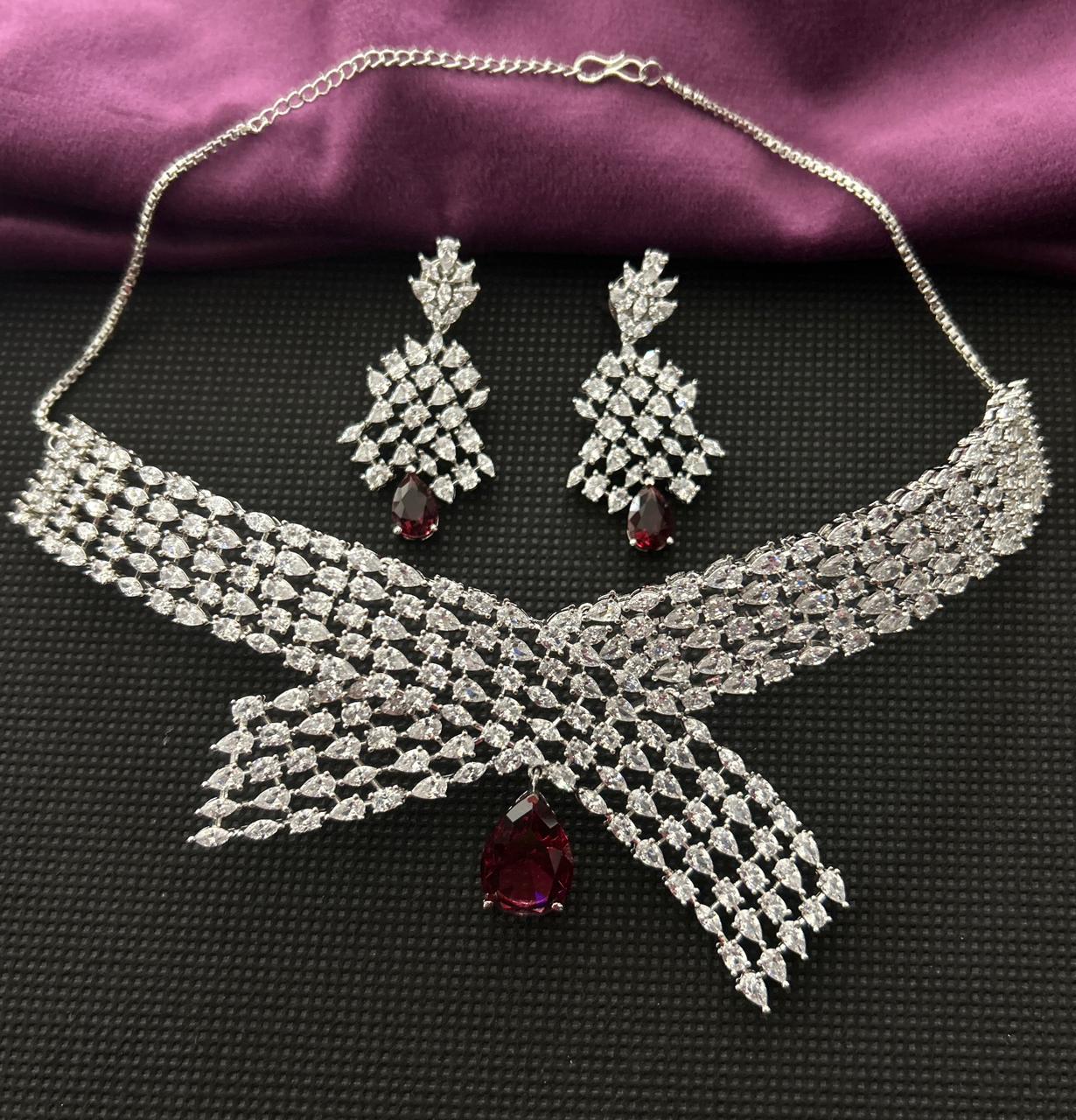Pink Drop Diamond Style choker Necklace Set with Matching Earrings