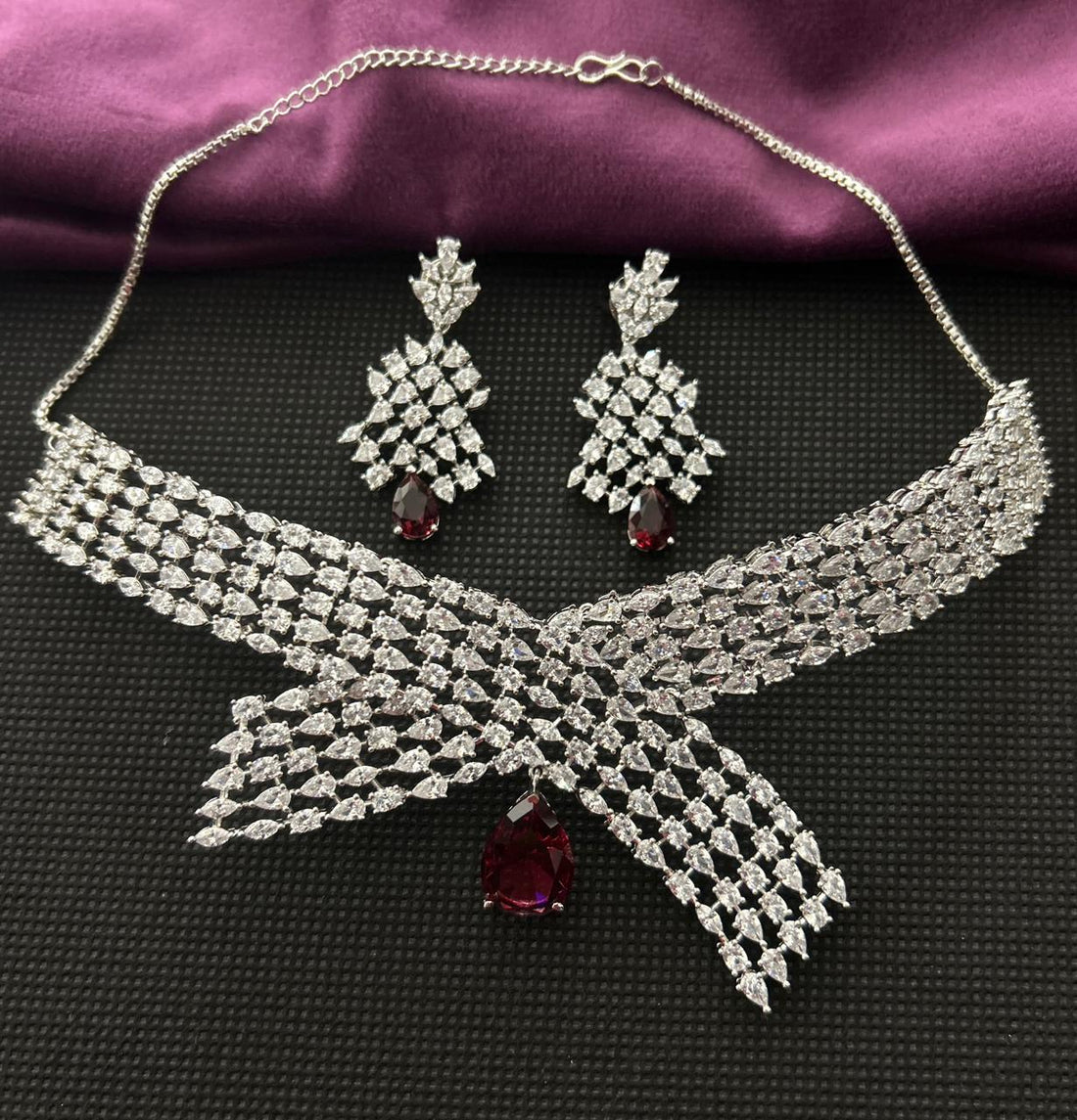 Pink Drop Diamond Style choker Necklace Set with Matching Earrings