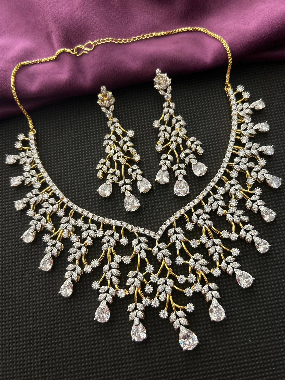 Gold Polish American Diamond Pink Stone Leaf Design Necklace Set