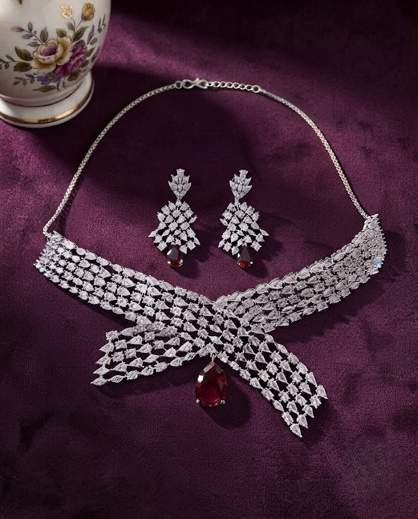 Pink Drop Diamond Style choker Necklace Set with Matching Earrings