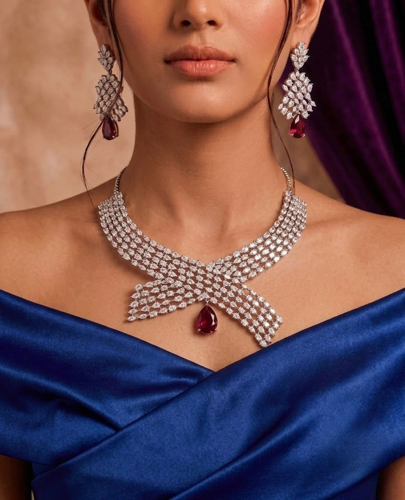 Pink Drop Diamond Style choker Necklace Set with Matching Earrings