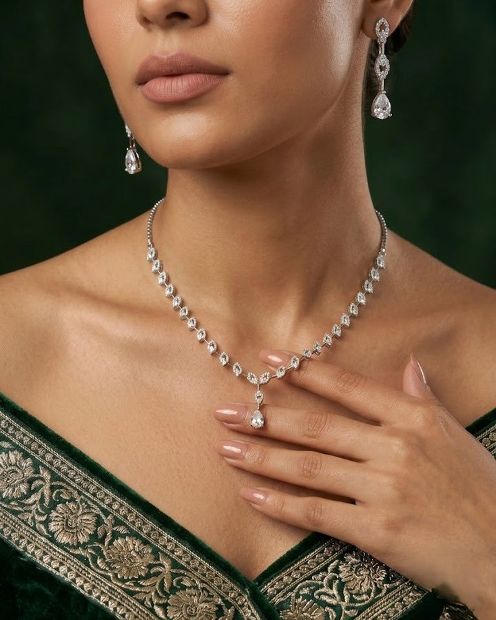 Gold Finish Diamond Look Necklace Set with Teardrop Pendant