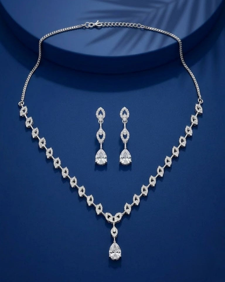 Gold Finish Diamond Look Necklace Set with Teardrop Pendant