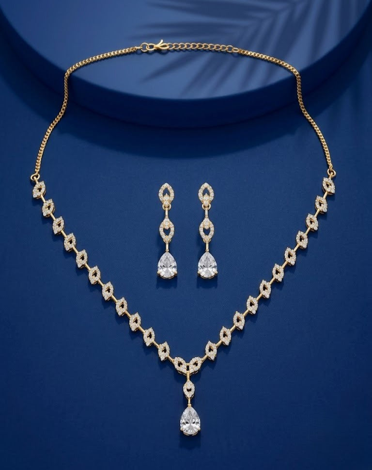 Gold Finish Diamond Look Necklace Set with Teardrop Pendant