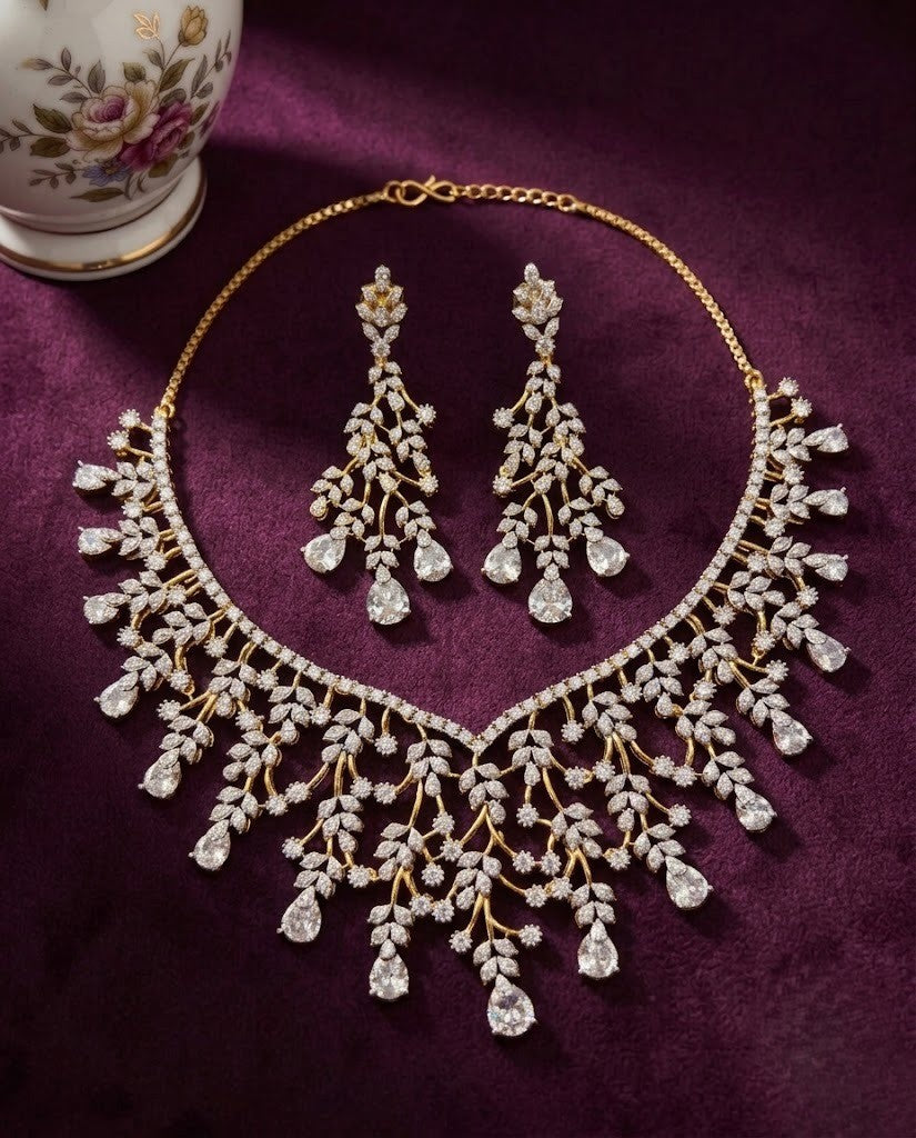 Gold Polish American Diamond Pink Stone Leaf Design Necklace Set