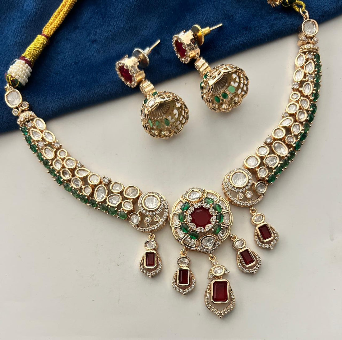 Rajwada Ruby & Emerald Kundan  Necklace Set with Jhumka Earrings  Festive Jewellery
