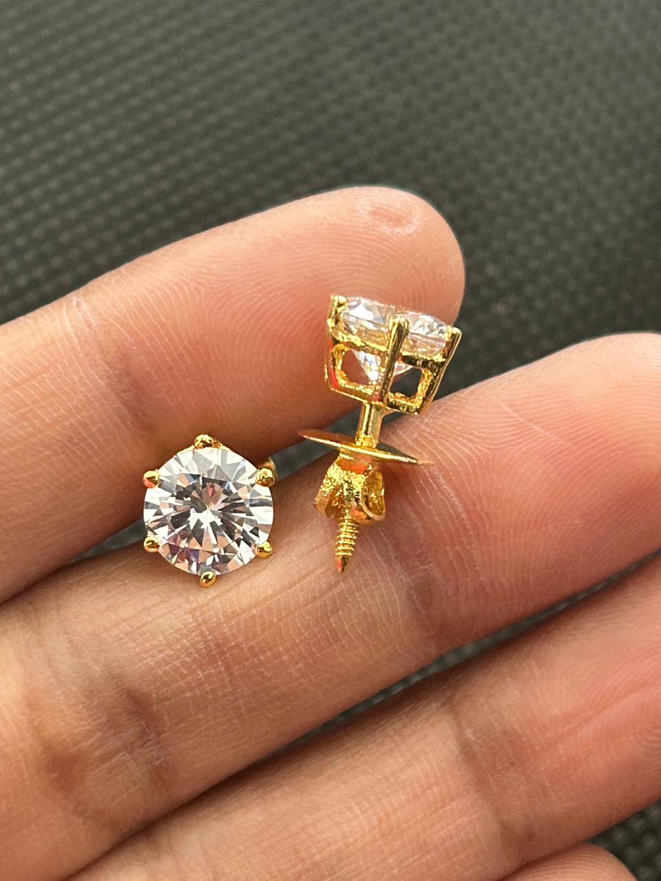 Screw Pench Ishraya Spark Gold Tone Diamond Look Solitaire Stud Earrings for Women | Screw Back Tops