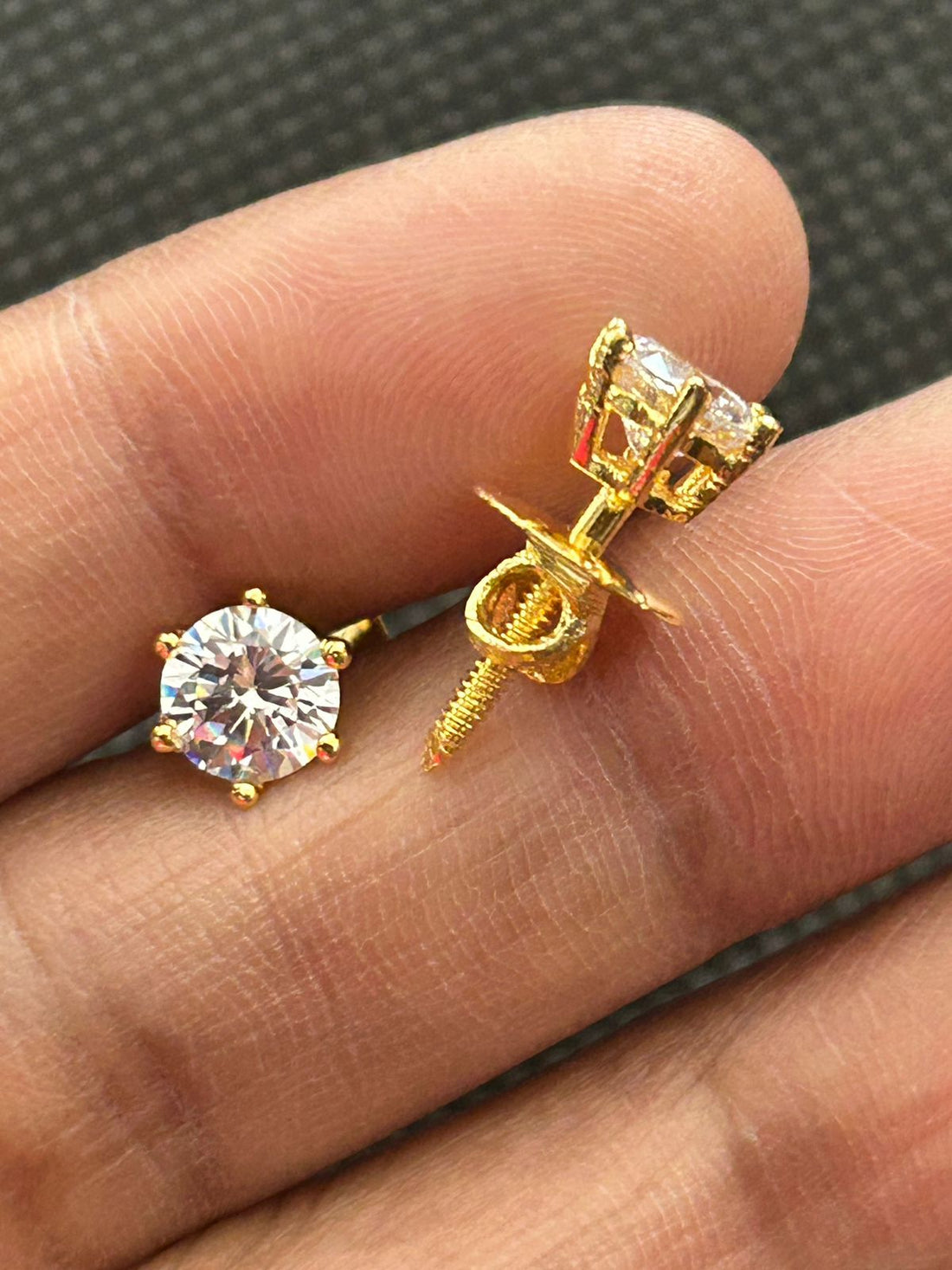 Screw Pench Ishraya Spark Gold Tone Diamond Look Solitaire Stud Earrings for Women | Screw Back Tops