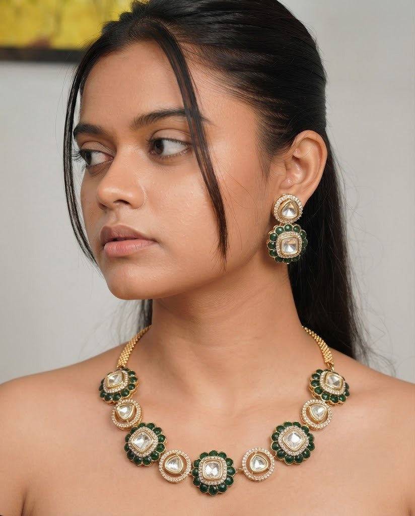 Noor Kundan Moissanite Necklace Set with Matching Earrings Premium Wear Jewellery