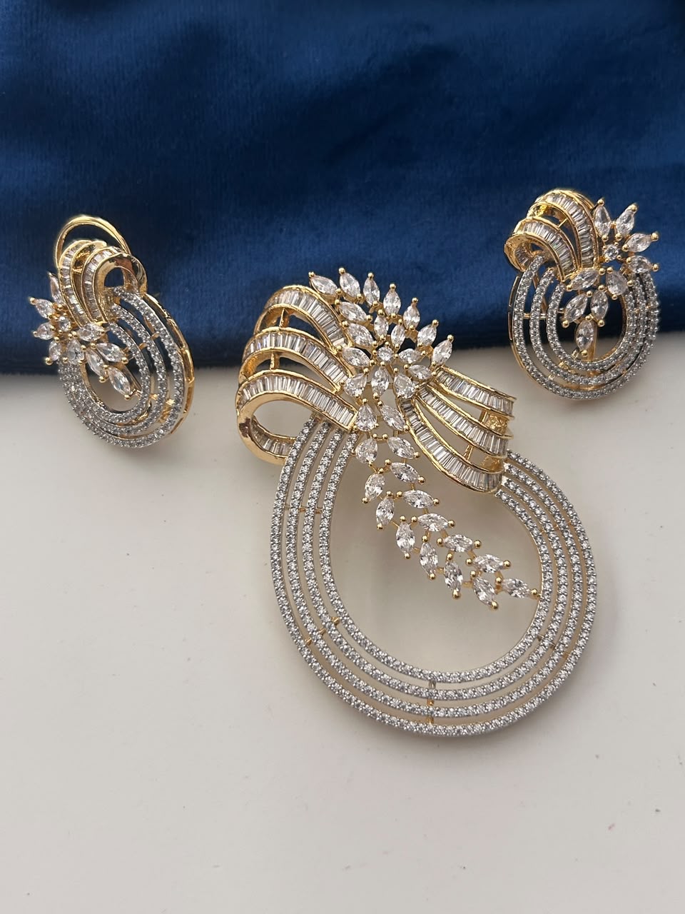 Mehndi Polish Luxury Designer CZ Pendant Set with Matching Earrings
