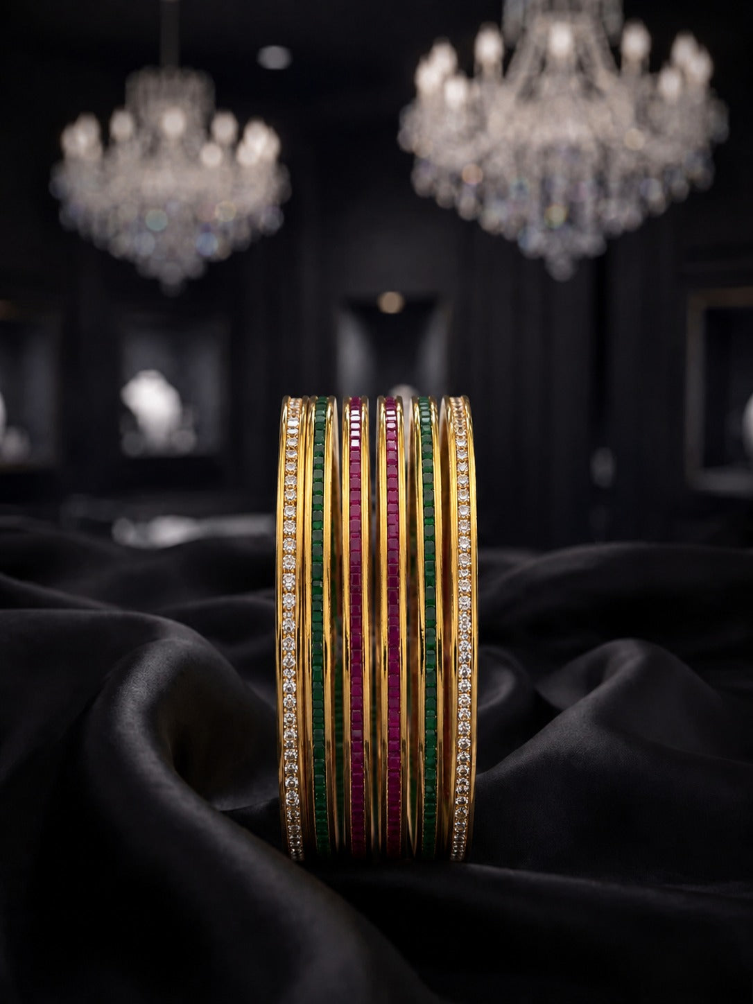 A stack of ornate gold bangles with green, red, and gold striped enameled borders and rows of clear stones, displayed on draped black fabric with blurred crystal chandeliers in the background.