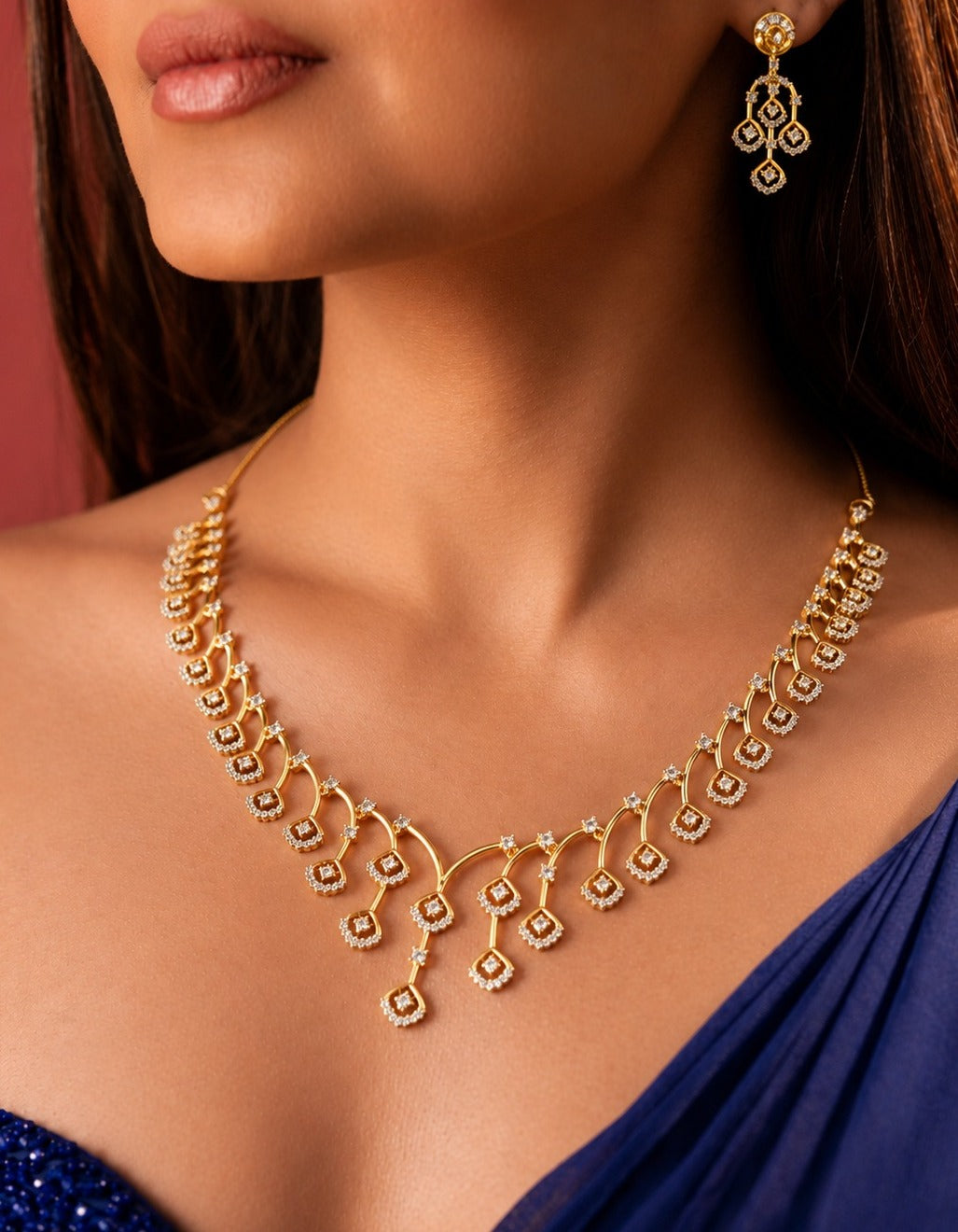 Elegant Square Motif Diamond Style Necklace Set with Screw Pench Matching Earrings