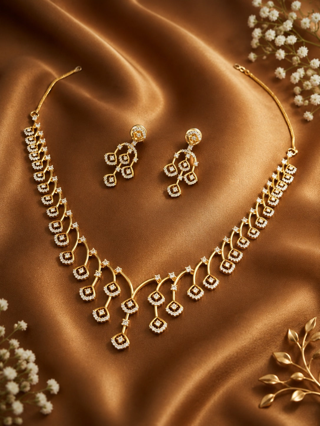 Elegant Square Motif Diamond Style Necklace Set with Screw Pench Matching Earrings