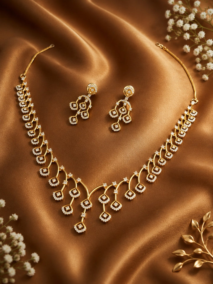 Elegant Square Motif Diamond Style Necklace Set with Screw Pench Matching Earrings