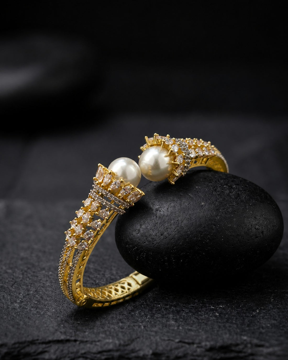 Moti Royale Pearl Open Cuff Bangle | Gold-Plated CZ Bracelet