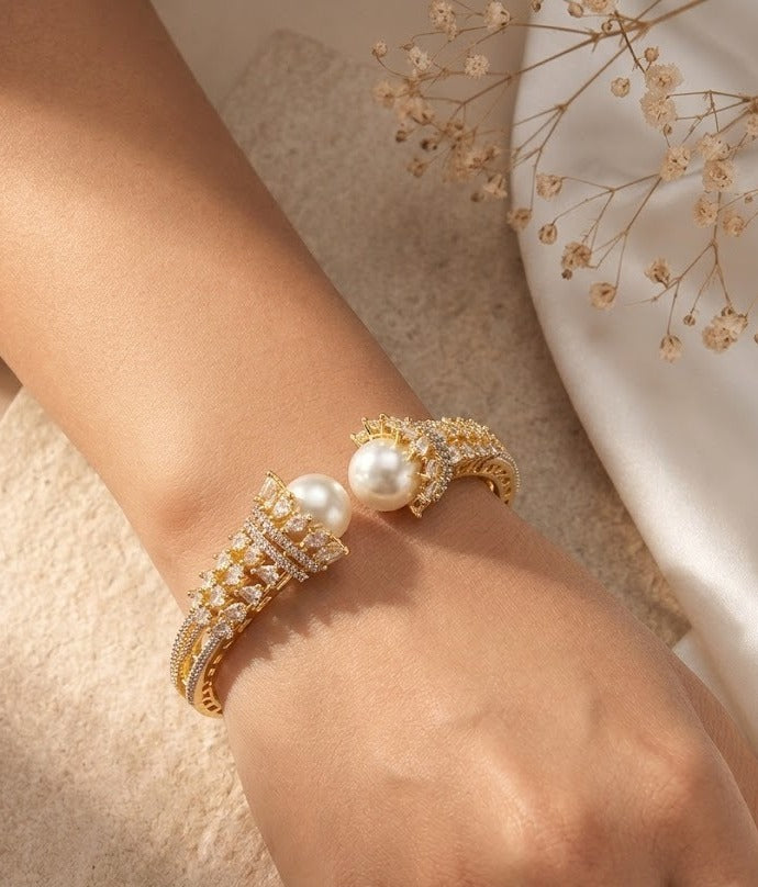 Moti Royale Pearl Open Cuff Bangle | Gold-Plated CZ Bracelet