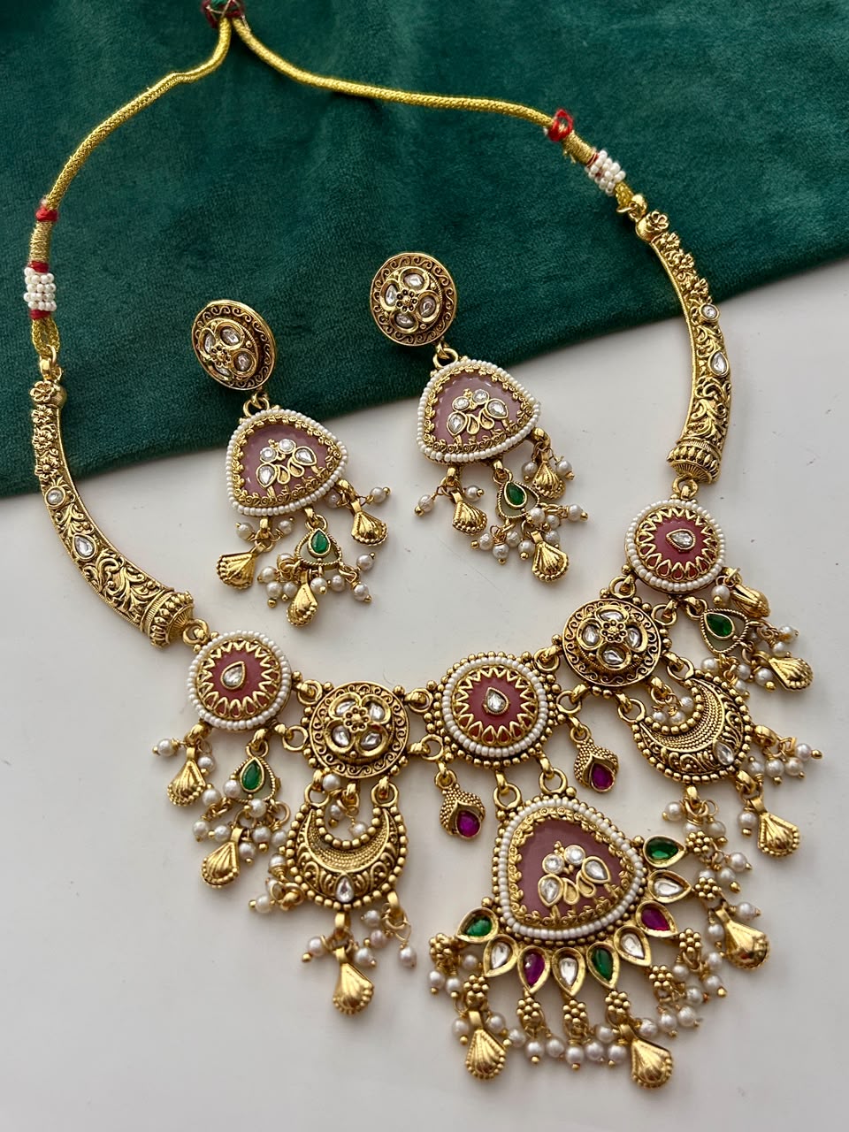 Shahi Kundan  Necklace Set with Green Stone and Pearl Drops