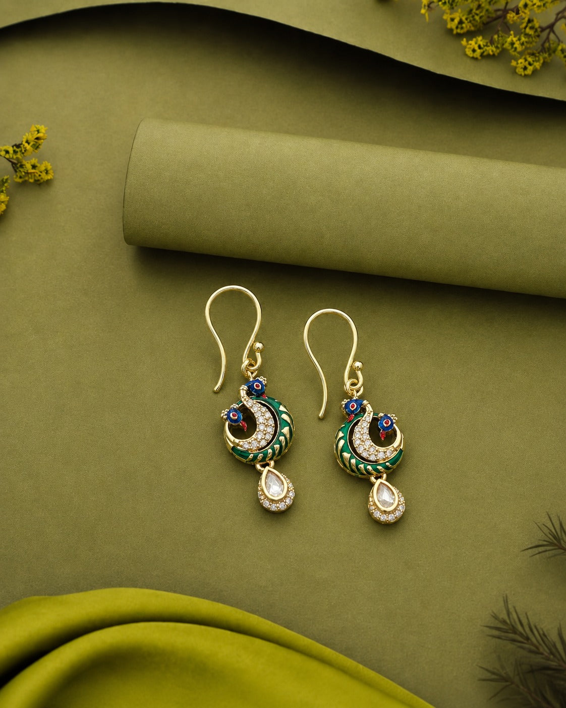 Premium Kundan Peacock Drop Earrings Green Red Blue