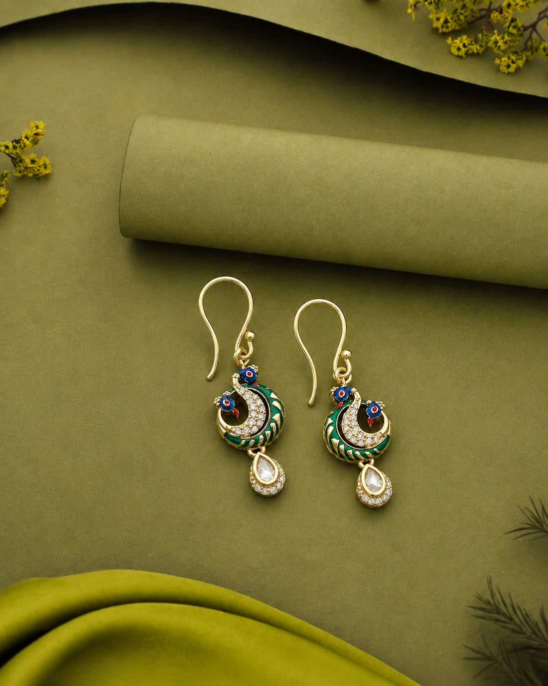 Premium Kundan Peacock Drop Earrings Green Red Blue