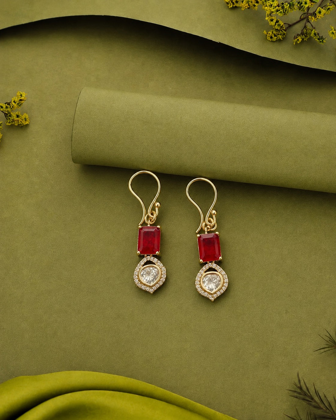 Premium Kundan Drop Earrings Green Red Gold Finish
