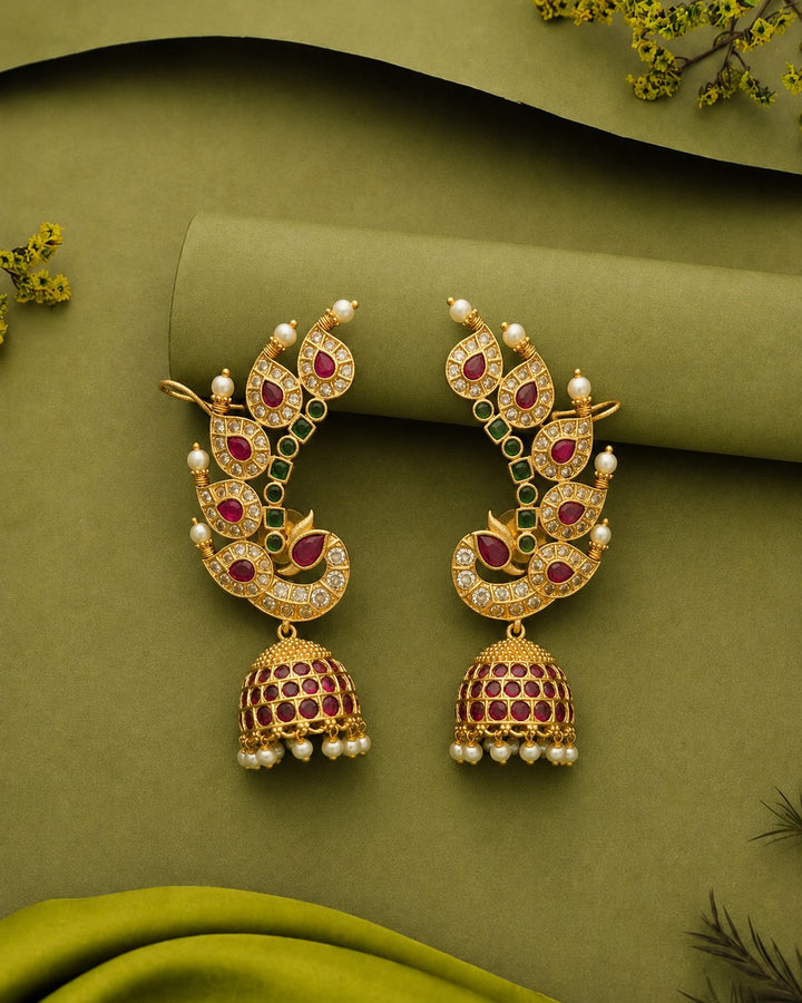 Antique Gold Temple Jhumka Earrings with Ruby Green Stones and Pearl Drops