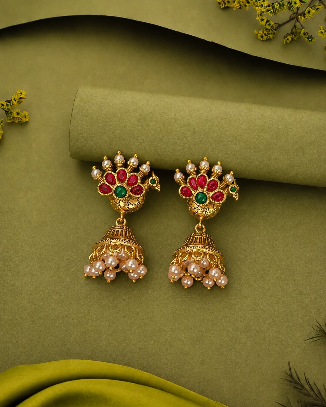 Antique Gold Peacock Motif Temple Jhumka Earrings with Red Green Stones & Pearl Drops