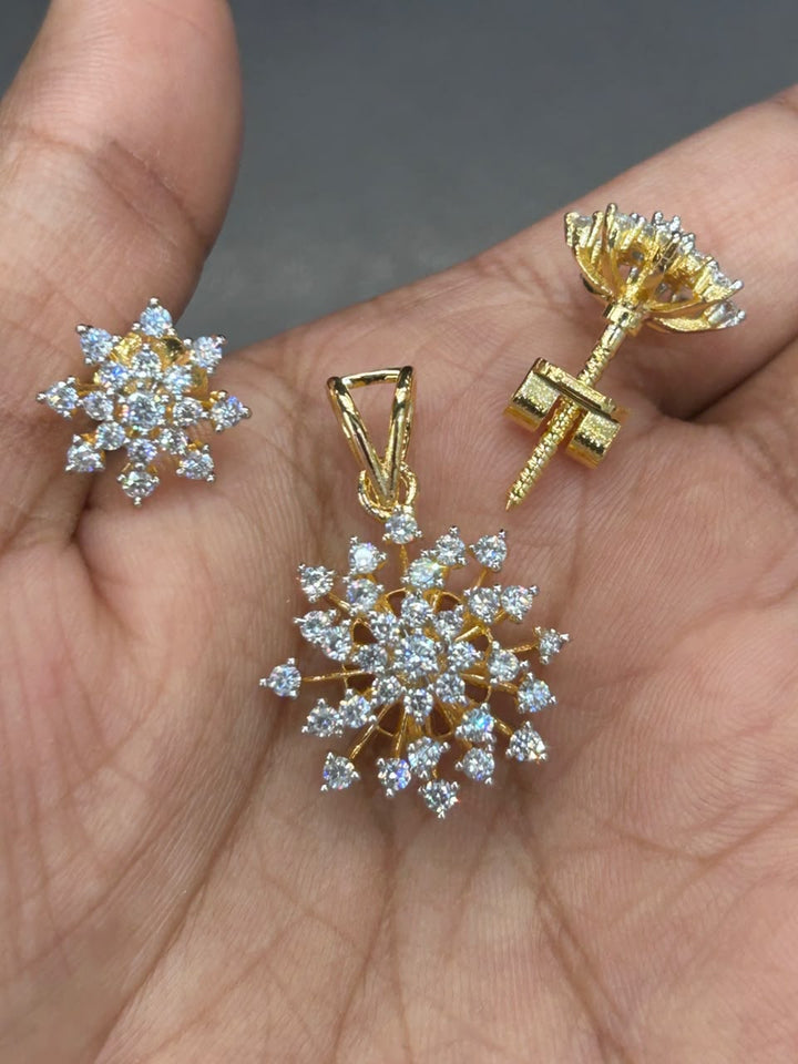 Gold Tone Crystal Pendant and Screw Pech Earrings Set