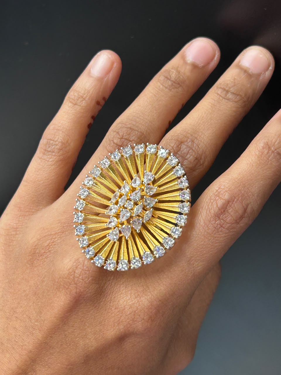 Adjustable Gold Sunburst Crystal Statement Ring