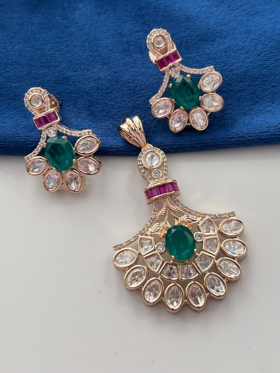 Ishani Emerald Moissanite Chandbali Pendant Set – 18K Gold Plated