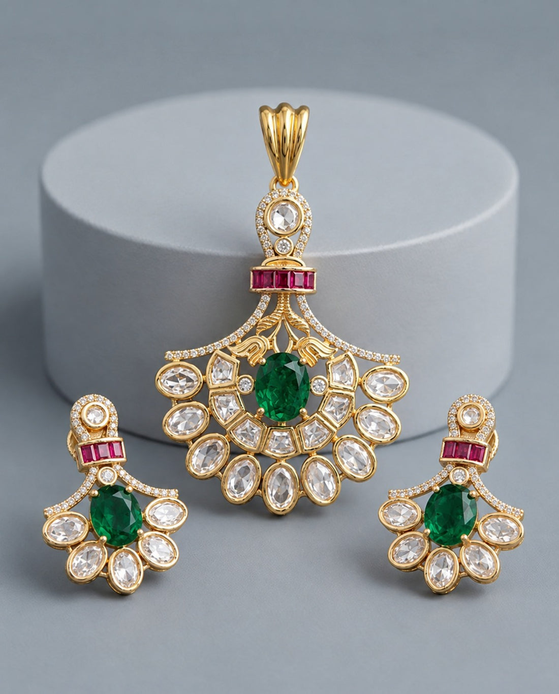 Ishani Emerald Moissanite Chandbali Pendant Set – 18K Gold Plated
