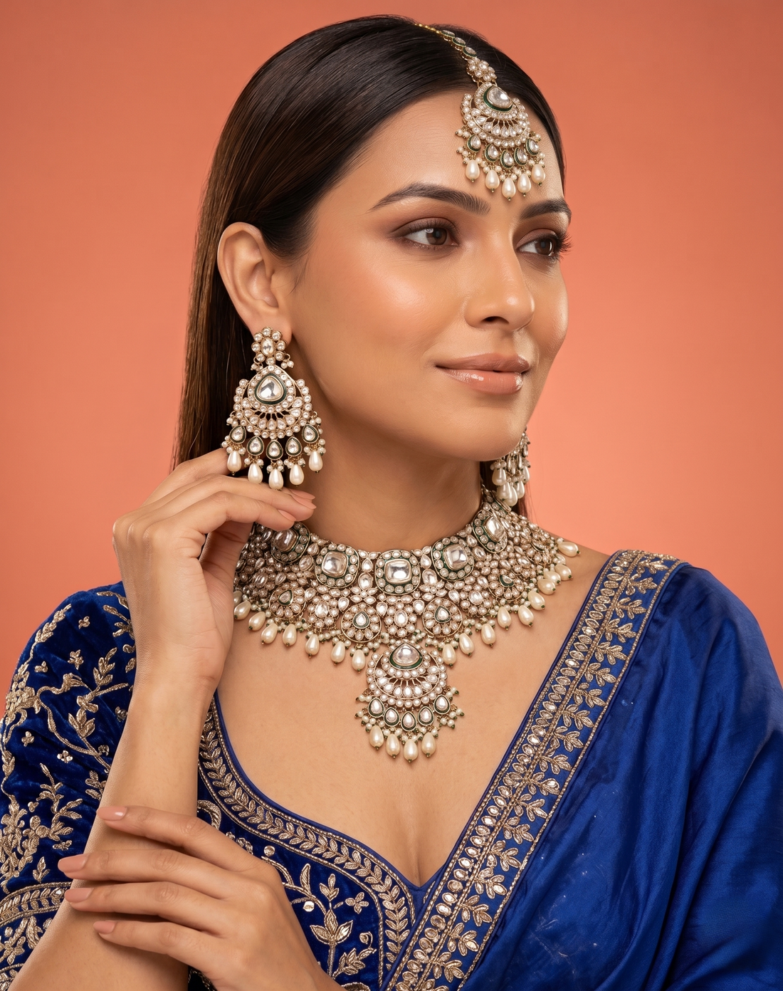 White Kundan Pearl Bridal Necklace Set with Earrings & Maang Tikka
 
