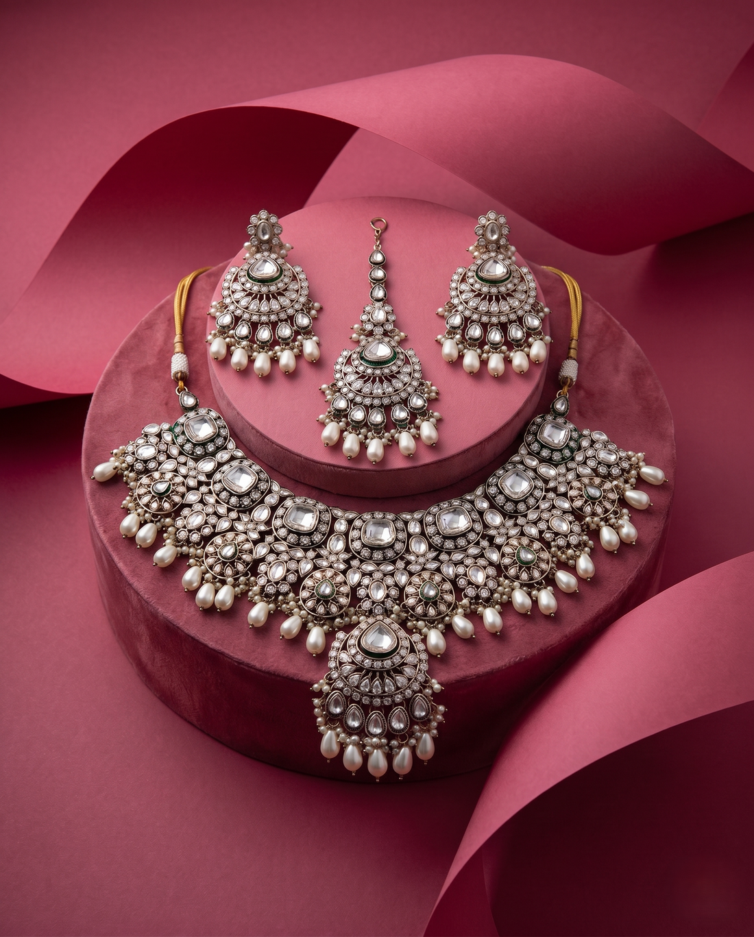White Kundan Pearl Bridal Necklace Set with Earrings & Maang Tikka
with pink background 