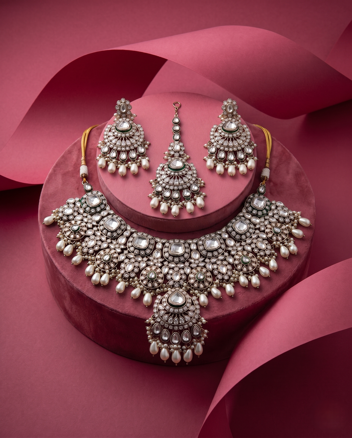 White Kundan Pearl Bridal Necklace Set with Earrings & Maang Tikka
with pink background 