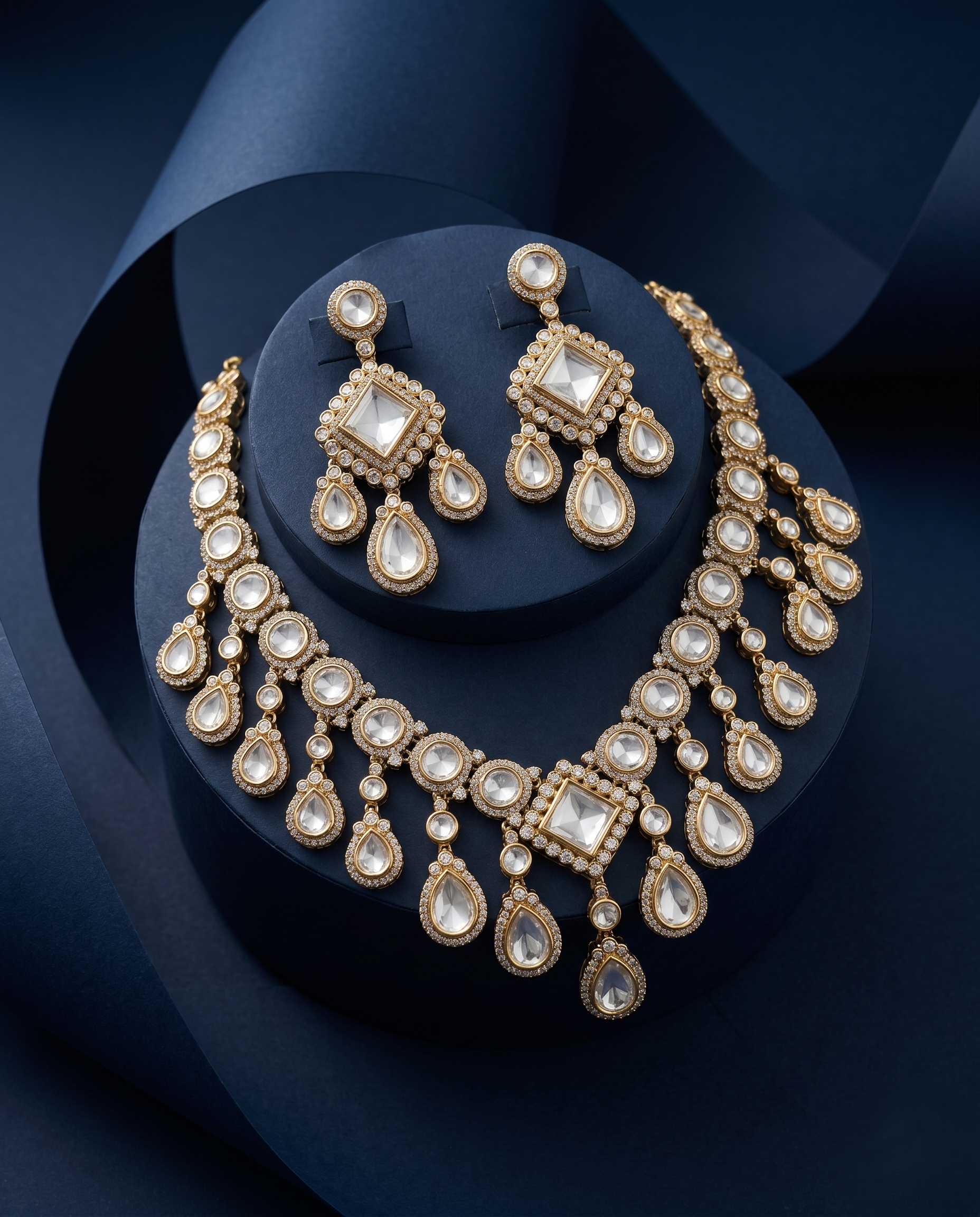 White Polki Bridal Necklace Set with Earrings & Maang Tikka – Gold Finish
with blue background 