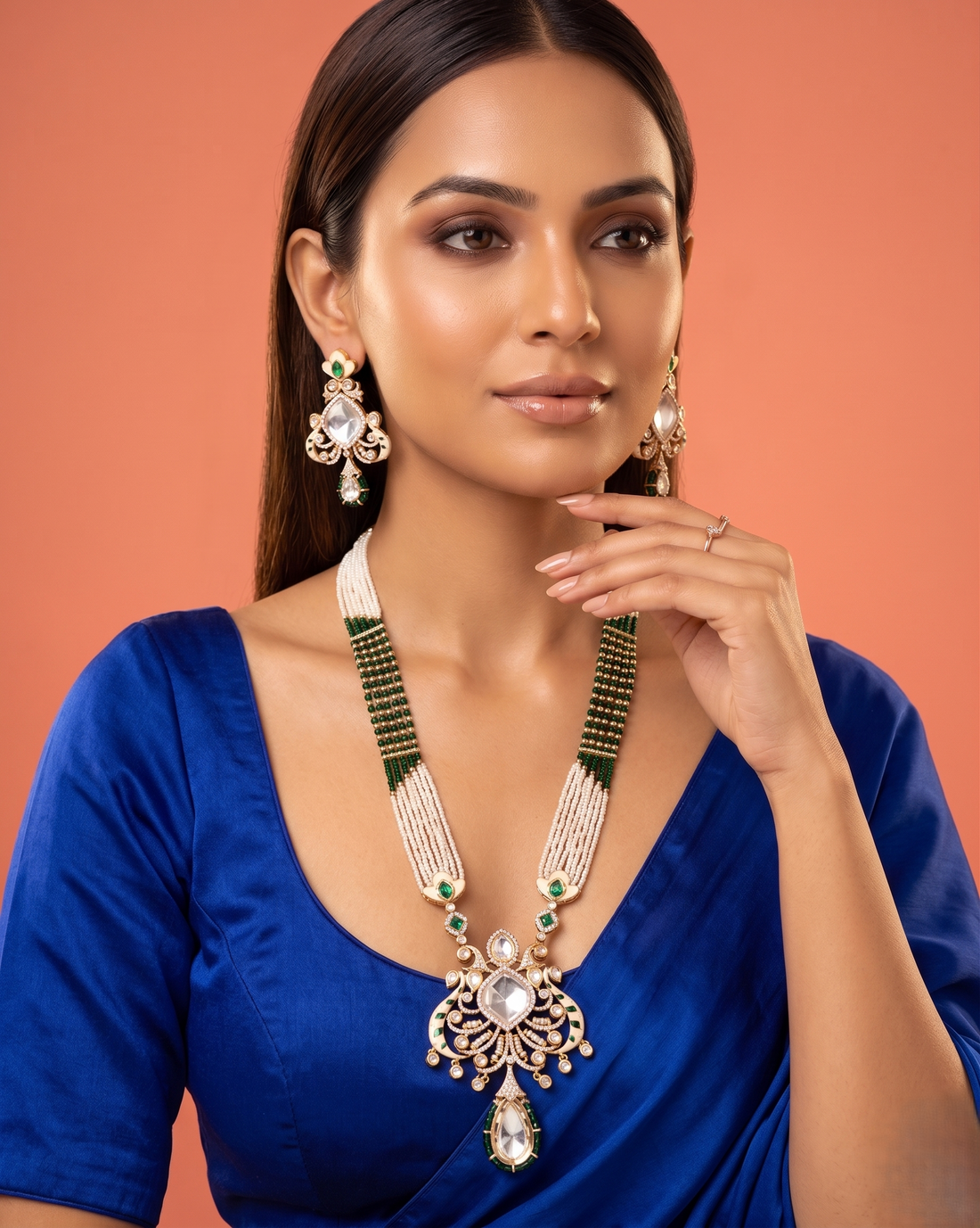 White and Green Beaded Kundan Necklace Set with Drop Pendant Earrings
