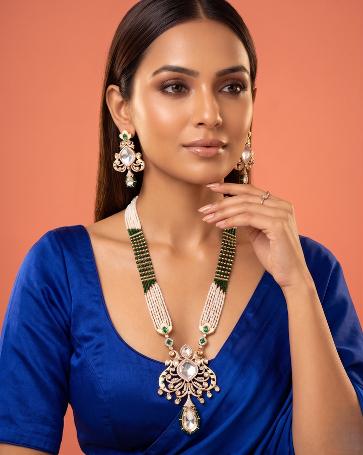 White and Green Beaded Kundan Necklace Set with Drop Pendant Earrings
