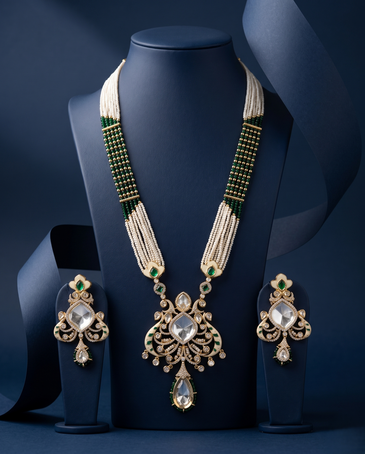 White and Green Beaded Kundan Necklace Set with Drop Pendant Earrings with blue background 
